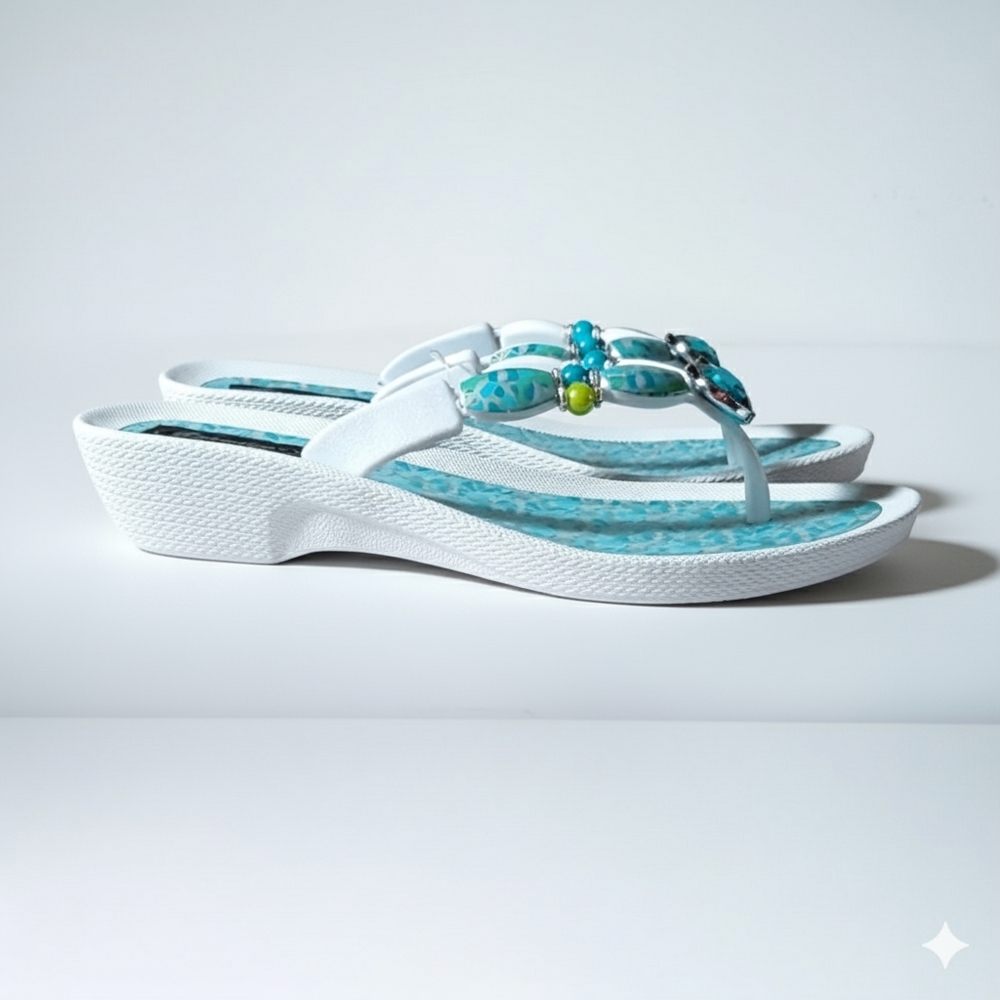 Grandco Size 8 NWT Sandals Lightweight Flip Flops Heel Turquoise Embellished - Picture 3 of 10